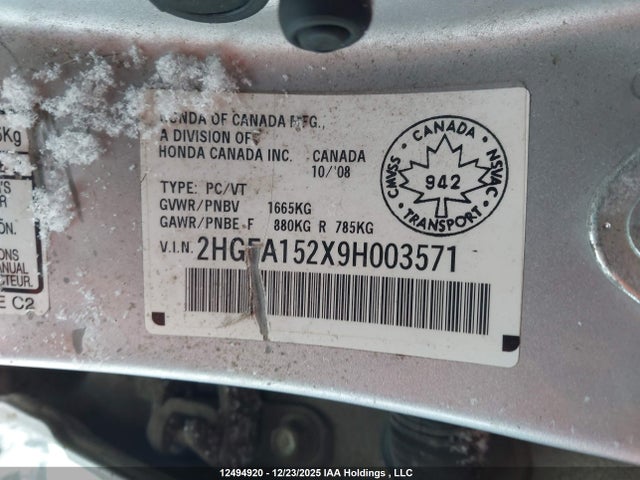 12494920 :رقم المزاد ، 2HGFA152X9H003571 vin ، 2009 Honda Civic مزاد بيع
