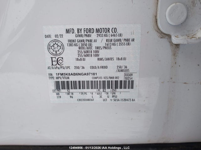 12494956 :رقم المزاد ، 1FM5K8AB6NGA97181 vin ، 2022 Ford Police Interceptor Utility مزاد بيع