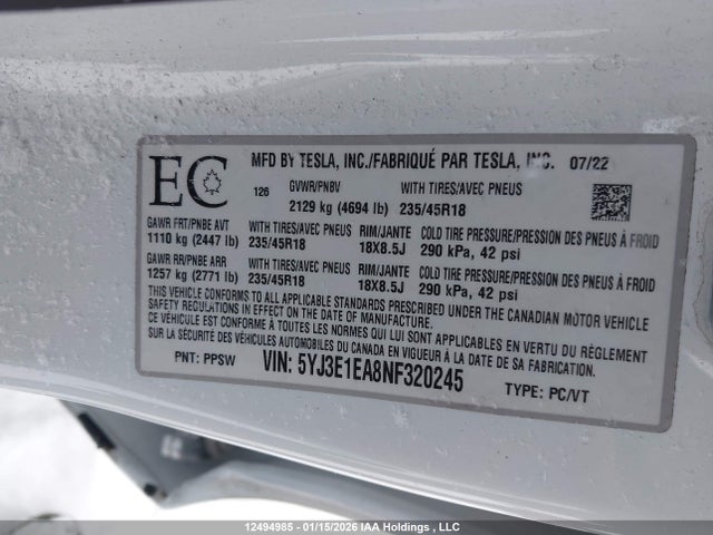 5YJ3E1EA8NF320245 Tesla MODEL 3