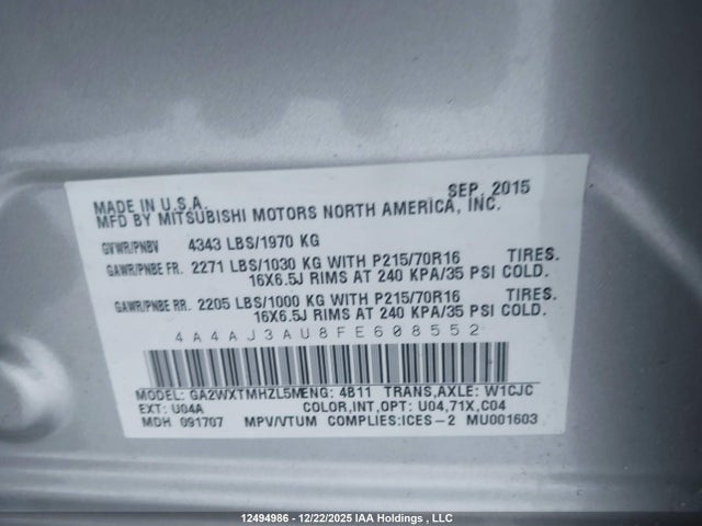 12494986 :رقم المزاد ، 4A4AJ3AU8FE608552 vin ، 2015 Mitsubishi Rvr Se مزاد بيع