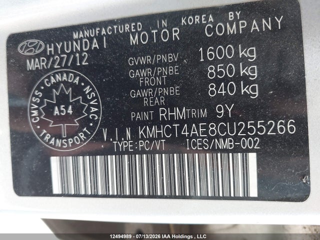 12494989 :رقم المزاد ، KMHCT4AE8CU255266 vin ، 2012 Hyundai Accent Gl مزاد بيع