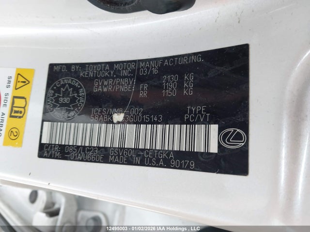 58ABK1GG3GU015143 Lexus Es 350 350