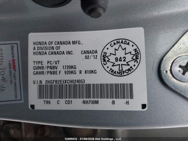 Продажа на аукционе авто 2012 Honda Civic Ex 4dr, vin: 2HGFB2E5XCH024053, номер лота: 12495032