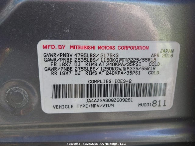 Продажа на аукционе авто 2016 Mitsubishi Outlander Es, vin: JA4AZ2A30GZ609281, номер лота: 12495048