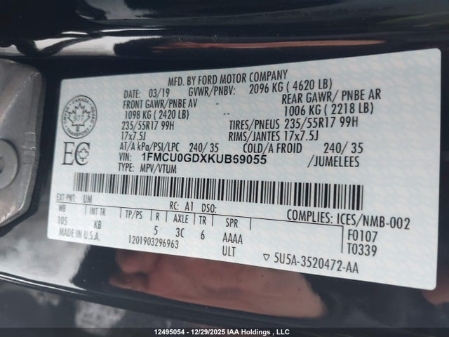 Продаж на аукціоні авто 2019 Ford Escape Se, vin: 1FMCU0GDXKUB69055, номер лоту: 12495054