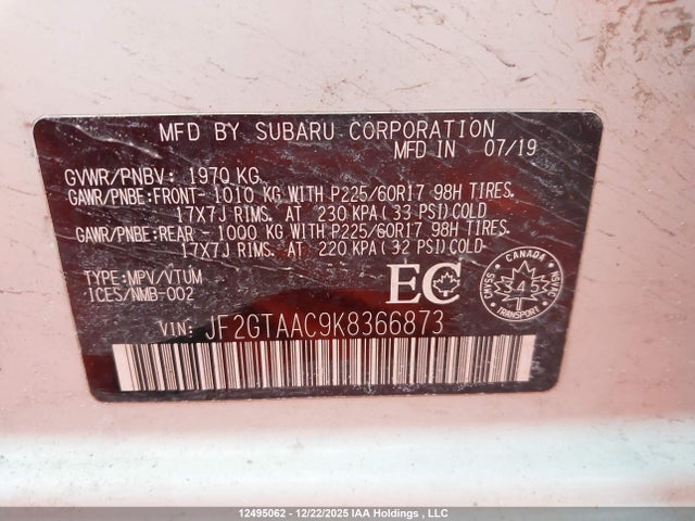 Продаж на аукціоні авто 2019 Subaru Crosstrek, vin: JF2GTAAC9K8366873, номер лоту: 12495062