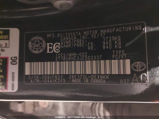 2T1BURHE3JC003337 Toyota Corolla L/le/xle/se/xse