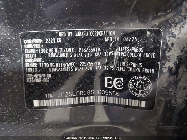 2025 Subaru Forester Limited მანქანა იყიდება აუქციონზე, vin: JF2SLDRC8SH609556, აუქციონის ნომერი: 12495075