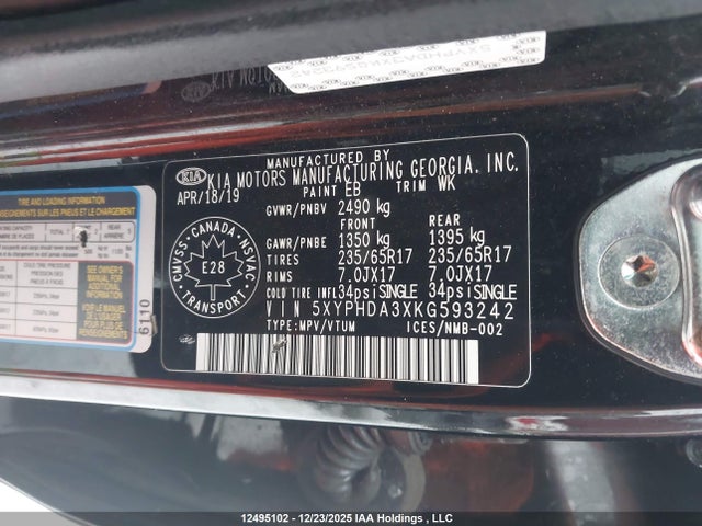 5XYPHDA3XKG593242 KIA SORENTO EX