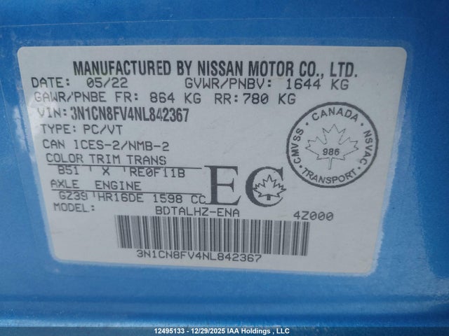 Продаж на аукціоні авто 2022 Nissan Versa Sr, vin: 3N1CN8FV4NL842367, номер лоту: 12495133