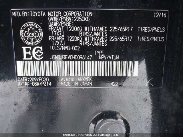 2017 Toyota Rav4 მანქანა იყიდება აუქციონზე, vin: JTMRJREV0HD096147, აუქციონის ნომერი: 12495137