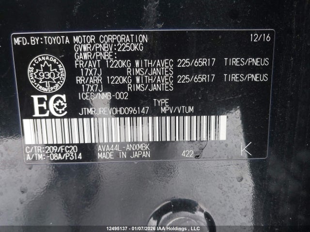 2017 Toyota Rav4 მანქანა იყიდება აუქციონზე, vin: JTMRJREV0HD096147, აუქციონის ნომერი: 12495137