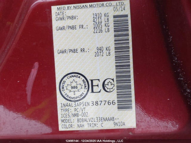12495144 :رقم المزاد ، 1N4AL3AP5EN387766 vin ، 2014 Nissan Altima 2.5/s/sv/sl مزاد بيع