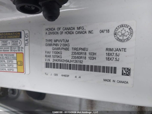 2HKRW2H94JH126192 Honda Cr-v Touring