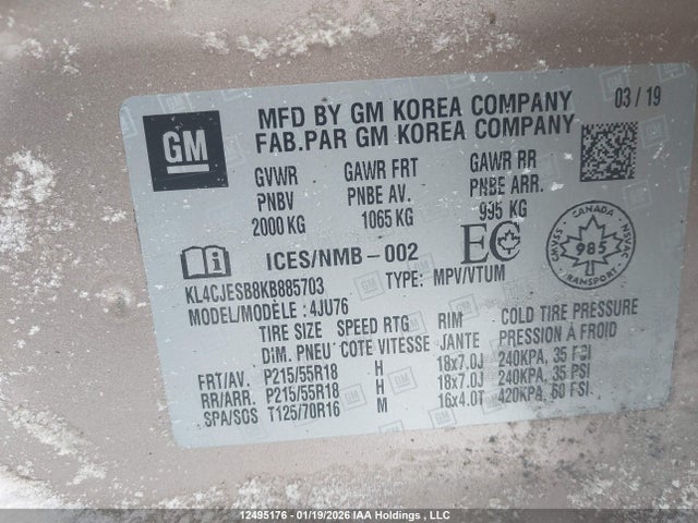 Aukcja sprzedaży 2019 Buick Encore, vin: KL4CJESB8KB885703, numer aukcji: 12495176