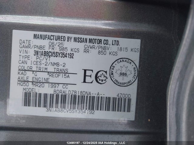3N1AB8CV5SY354192 Nissan SENTRA SV