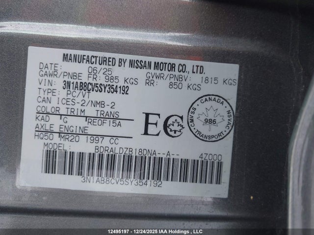 3N1AB8CV5SY354192 Nissan SENTRA SV
