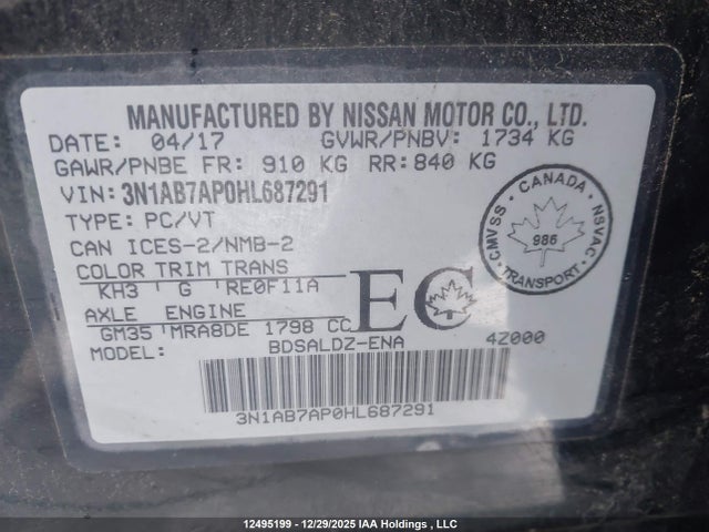 3N1AB7AP0HL687291 Nissan Sentra S/sv/sr/sl