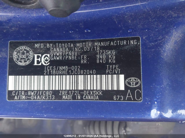 2T1BURHE1JC082040 Toyota COROLLA SE