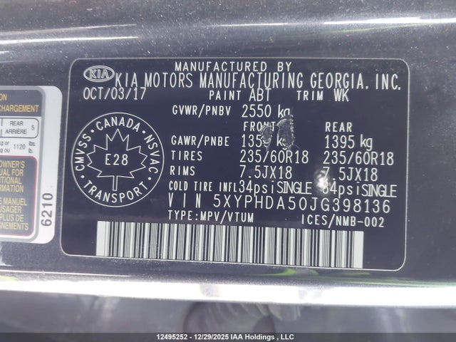 5XYPHDA50JG398136 KIA SORENTO EX