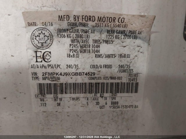 2FMPK4J9XGBB74529 Ford EDGE SEL