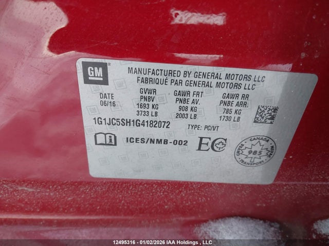 Продажа на аукционе авто 2016 Chevrolet Sonic, vin: 1G1JC5SH1G4182072, номер лота: 12495316