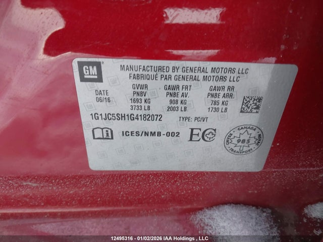 Продажа на аукционе авто 2016 Chevrolet Sonic, vin: 1G1JC5SH1G4182072, номер лота: 12495316