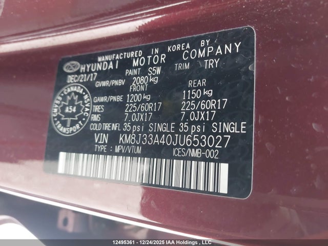 KM8J33A40JU653027 Hyundai Tucson Limited/sport And Eco/se