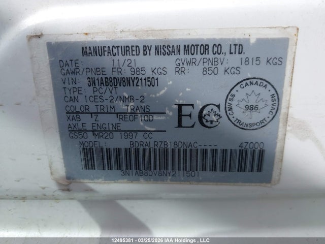 Продажа на аукционе авто 2022 Nissan Sentra Sr, vin: 3N1AB8DV8NY211501, номер лота: 12495381