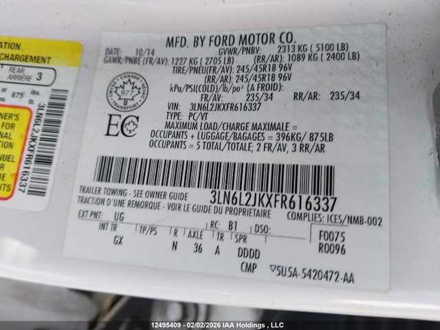 3LN6L2JKXFR616337 Lincoln MKZ