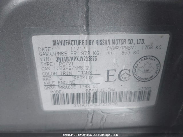 3N1AB7APXJY232876 Nissan Sentra 1.8 S/1.8 Sv/1.8 Sv Midnight Edition