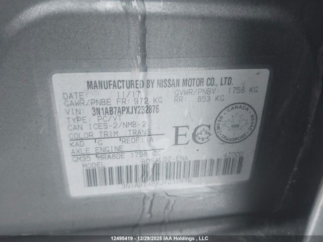 3N1AB7APXJY232876 Nissan Sentra 1.8 S/1.8 Sv/1.8 Sv Midnight Edition