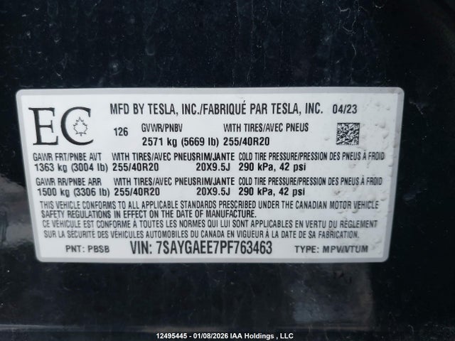 Aukcja sprzedaży 2023 Tesla Model Y Long Range, vin: 7SAYGAEE7PF763463, numer aukcji: 12495445
