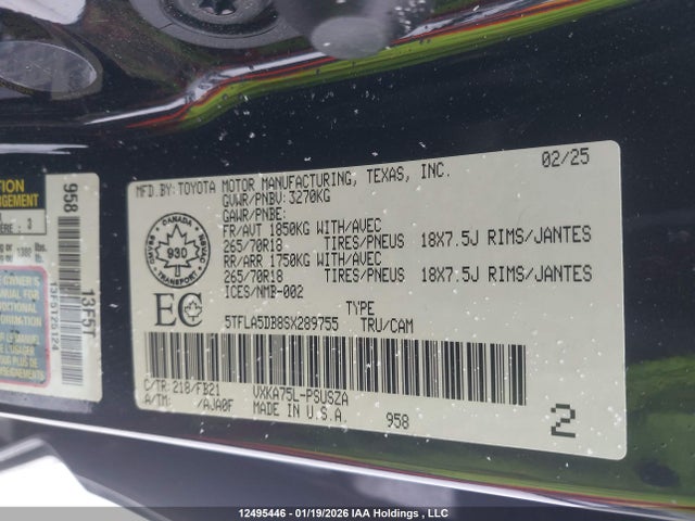 Aukcja sprzedaży 2025 Toyota Tundra Sr 4x4, vin: 5TFLA5DB8SX289755, numer aukcji: 12495446