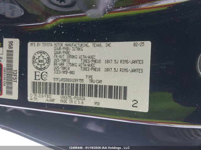 Aukcja sprzedaży 2025 Toyota Tundra Sr 4x4, vin: 5TFLA5DB8SX289755, numer aukcji: 12495446