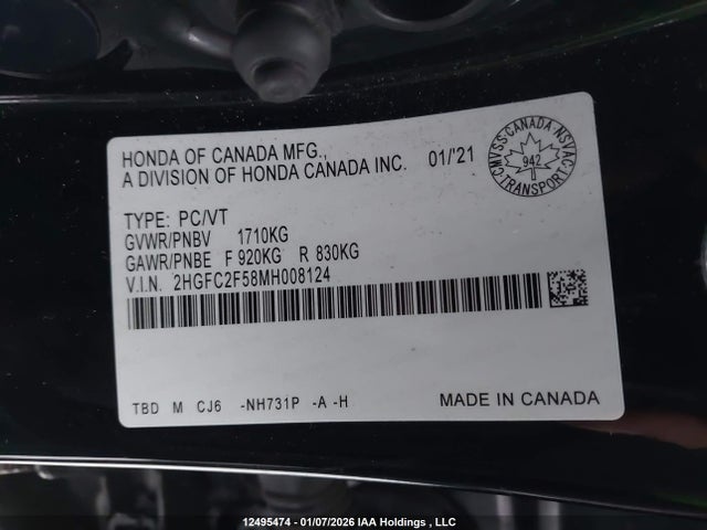 2021 Honda Civic მანქანა იყიდება აუქციონზე, vin: 2HGFC2F58MH008124, აუქციონის ნომერი: 12495474