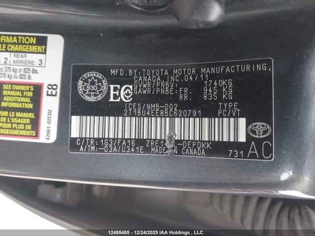 12495485 :رقم المزاد ، 2T1BU4EE8BC620791 vin ، 2011 Toyota Corolla Ce مزاد بيع