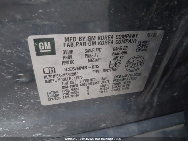 KL7CJPSB9MB302959 Chevrolet Trax Lt