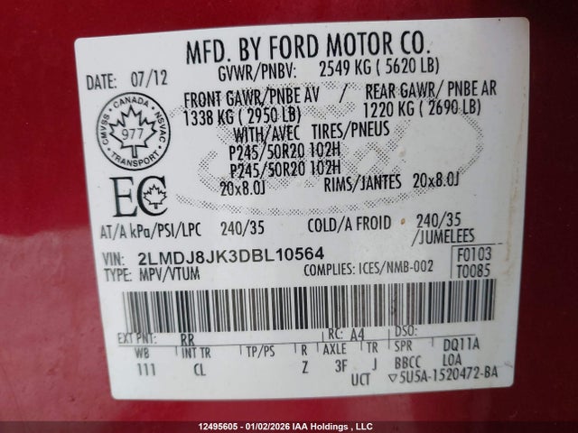 Aukcja sprzedaży 2013 Lincoln Mkx, vin: 2LMDJ8JK3DBL10564, numer aukcji: 12495605