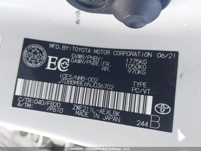 JTDBBMBE6NJ036702 Toyota Corolla Hybrid Base W/li Battery