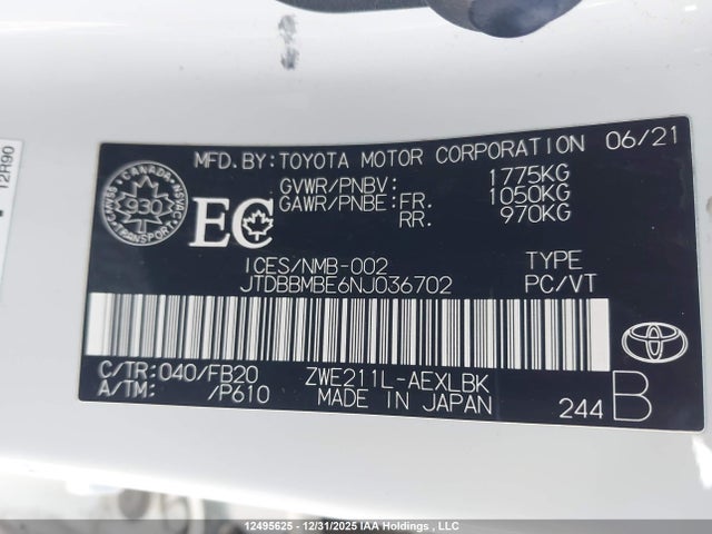 JTDBBMBE6NJ036702 Toyota Corolla Hybrid Base W/li Battery