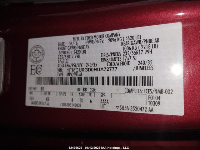 1FMCU0GD0HUA72777 Ford ESCAPE SE