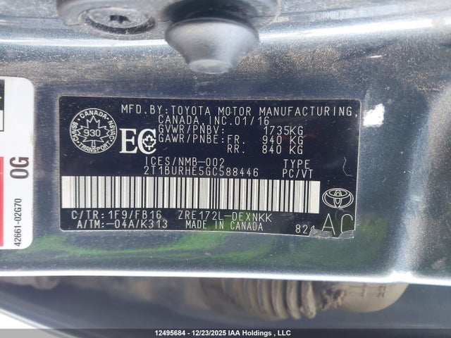 2T1BURHE5GC588446 Toyota Corolla L/le/le Pls/prm/s/s Pls