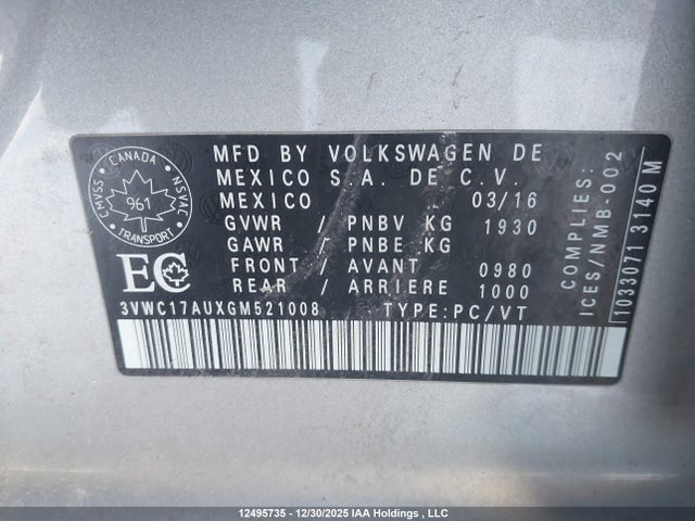 3VWC17AUXGM521008 Volkswagen Golf Sportwagen S/se/sel/limited