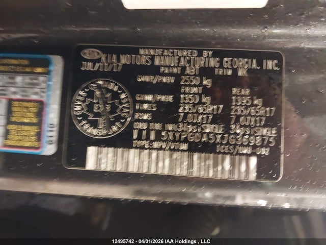 Aukcja sprzedaży 2018 Kia Sorento Lx/l, vin: 5XYPGDA5XJG369875, numer aukcji: 12495742