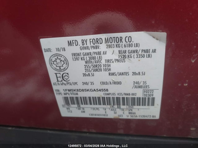 1FM5K8D85KGA54558 Ford EXPLORER XLT
