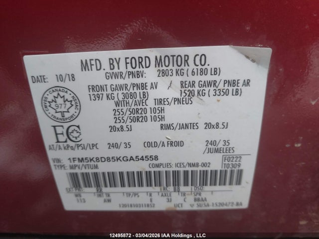 1FM5K8D85KGA54558 Ford EXPLORER XLT
