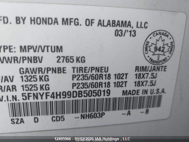 Продаж на аукціоні авто 2013 Honda Pilot Touring, vin: 5FNYF4H99DB505019, номер лоту: 12495966