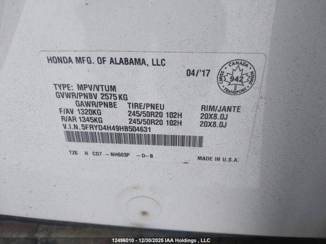 12496010 :رقم المزاد ، 5FRYD4H49HB504631 vin ، 2017 Acura Mdx Navi مزاد بيع
