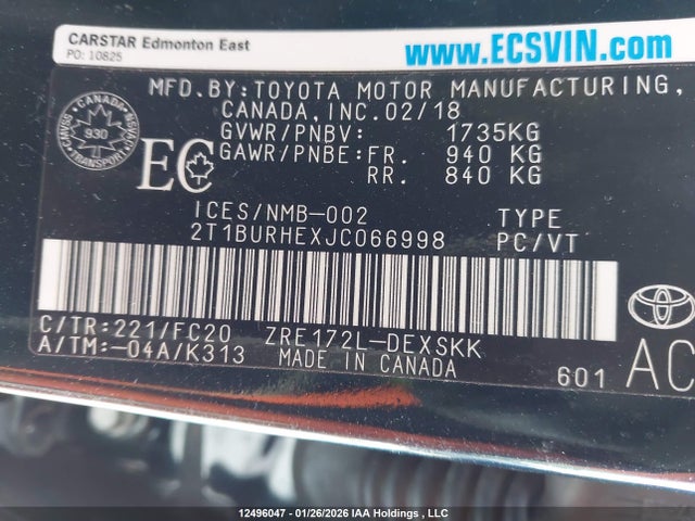 2T1BURHEXJC066998 Toyota COROLLA SE
